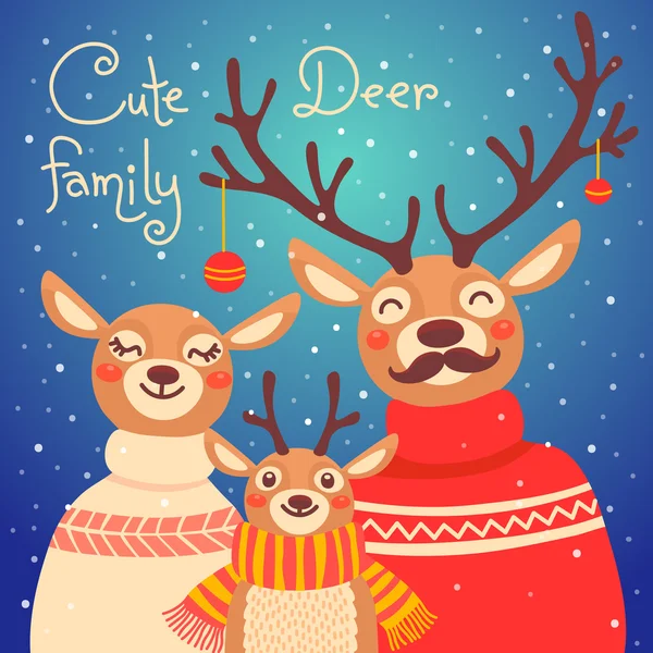 Christmas reindeer family. Cute card with deer is dressed in sweaters and scarf. — Stock Vector