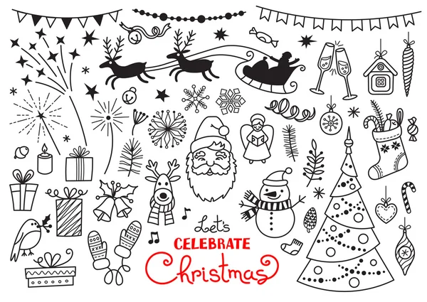 Kerstmis doodle set tekens en decoraties. FreeHand vectortekeningen geïsoleerd op witte achtergrond. — Stockvector