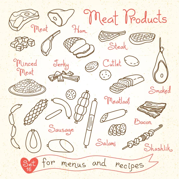 Definir desenhos de produtos à base de carne para menus de design, receitas e produtos de embalagens. Ilustração vetorial . — Vetor de Stock