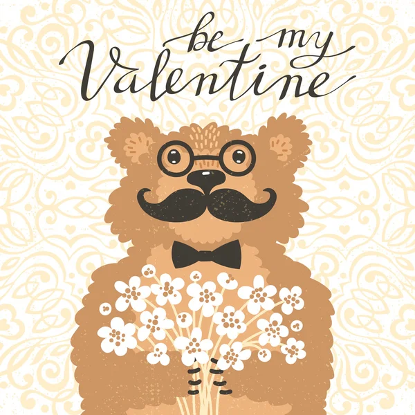 Be my Valentine Hipster bear with a bouquet of flowers. Vintage card in cartoon style. — Stock Vector