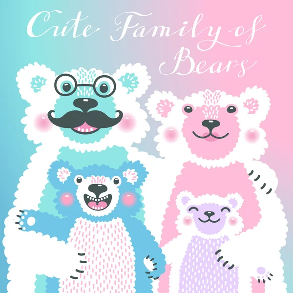 Cute card with a family of bears. Dad hugs mother and children. — Stock Vector