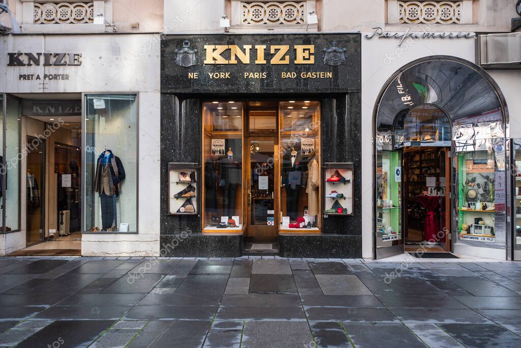 Vienna, Austria - October 25 2020: Knize and Comp Tailor and Clothing Store Front designed by Adolf Loos with Shop Windows on the Graben Street.
