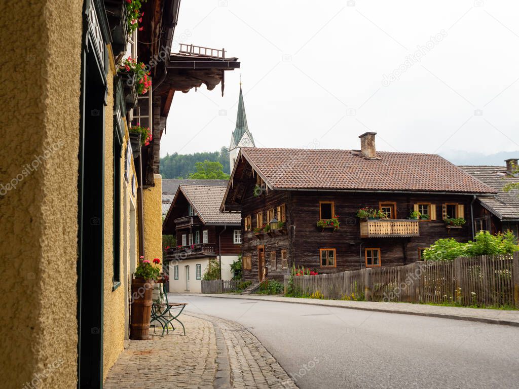 Traditional Timbered Alpine Houses in Center of the Old Village of Goldegg, Pongau Region, Salzburg, Austria