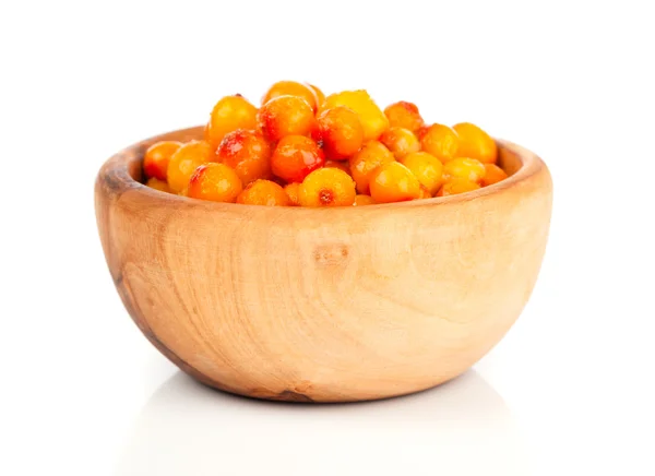 Fresh sea buckthorn berry in a wooden bowl — Stock Photo, Image