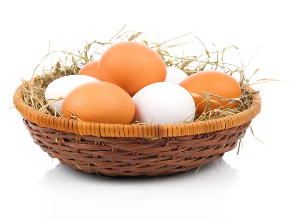 Eier im Korb isoliert auf weißem Hintergrund — Stockfoto