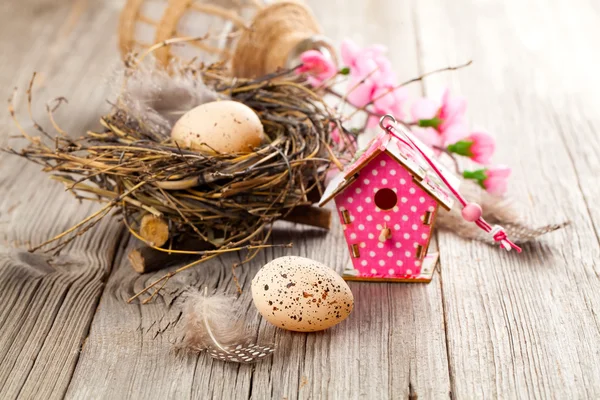 Decorazione pasquale su sfondo di legno con uovo di colore e con b — Foto Stock