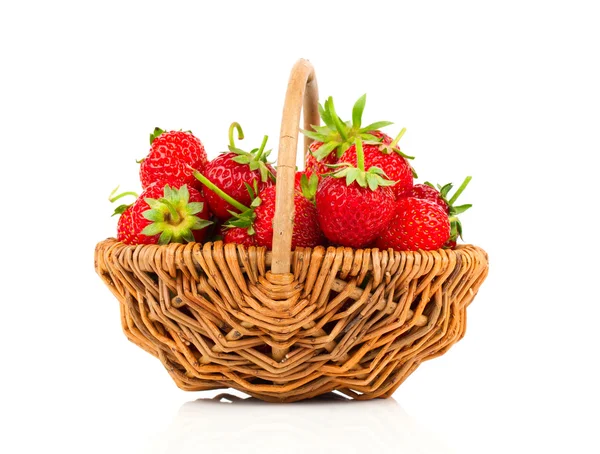 Strawberries in wicker basket, on white background — Stock Photo, Image