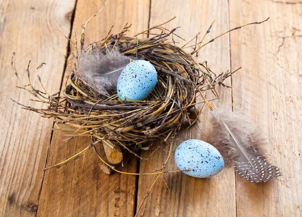 Ei in een vogelnest op houten achtergrond — Stockfoto