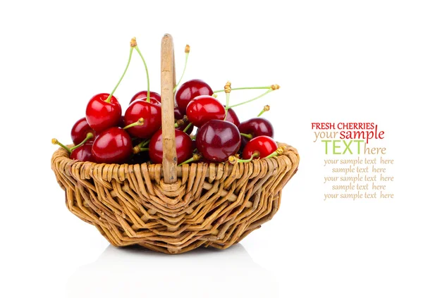 Basket full of fresh red cherry on a white background — Stock Photo, Image