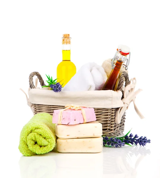 Handmade lavender soap, and essential oil and fresh towel on whi — Stock Photo, Image