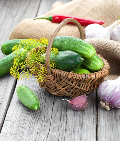 Voorbereiding van komkommers en groen wil inblikken — Stockfoto