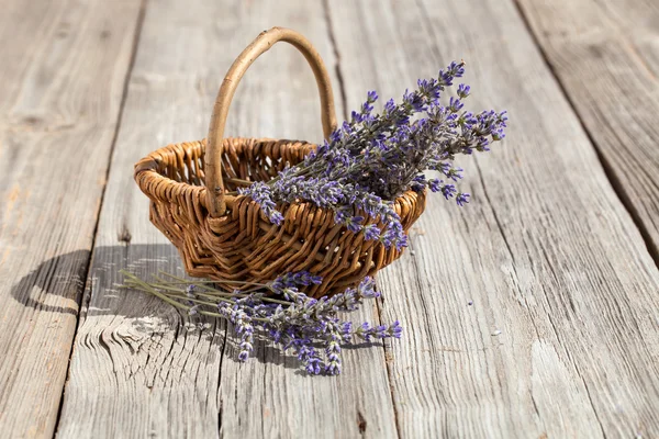 Cesta com uma lavanda, sobre fundo de madeira — Fotografia de Stock