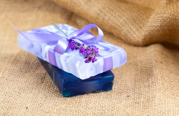 Natural handmade lavender soap on sackcloth — Stock Photo, Image