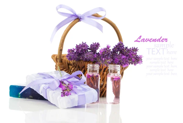 Natural handmade lavender soap and oil with fresh lavender on wh — Stock Photo, Image