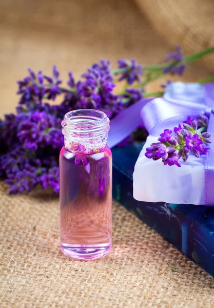 Lavanda natural hecha a mano Jabón líquido y jabón sólido con fresco — Foto de Stock