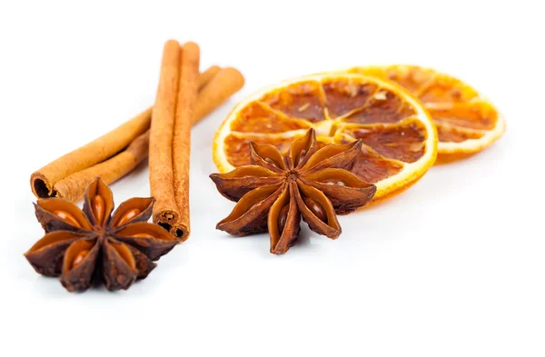 Dry orange, cinnamon and Star Anise with copy space, on white ba — Stock Photo, Image