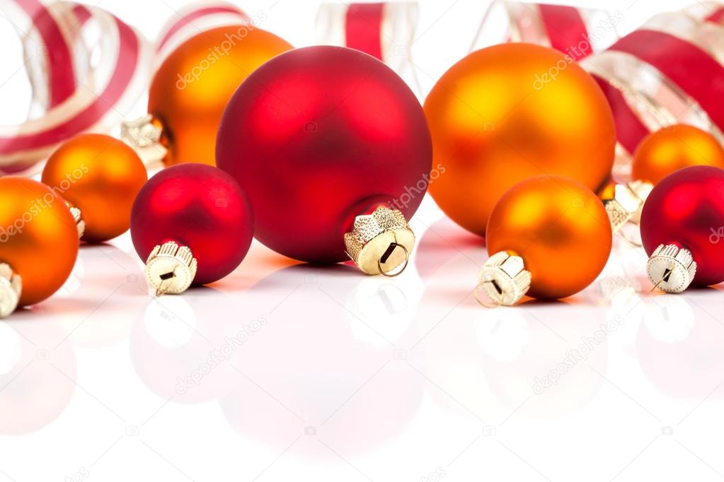 christmas balls with ribbon, isolated on white background with c