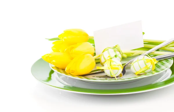 Happy Easter, easter table place setting, with sample greeting o — Stock Photo, Image