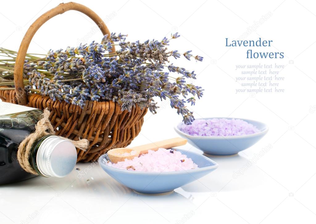Dry lavender flower in a basket with bath salt, isolated on whit