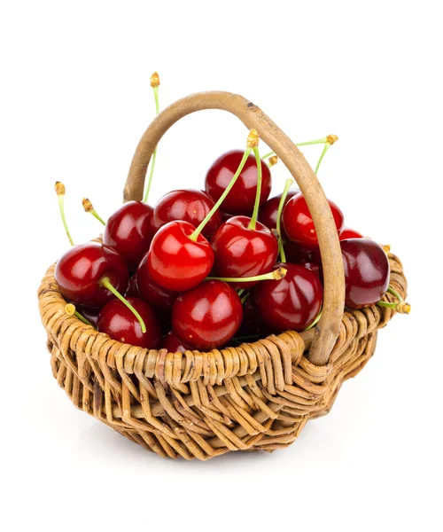 Basket full of fresh red cherry on a white background — Stock Photo, Image