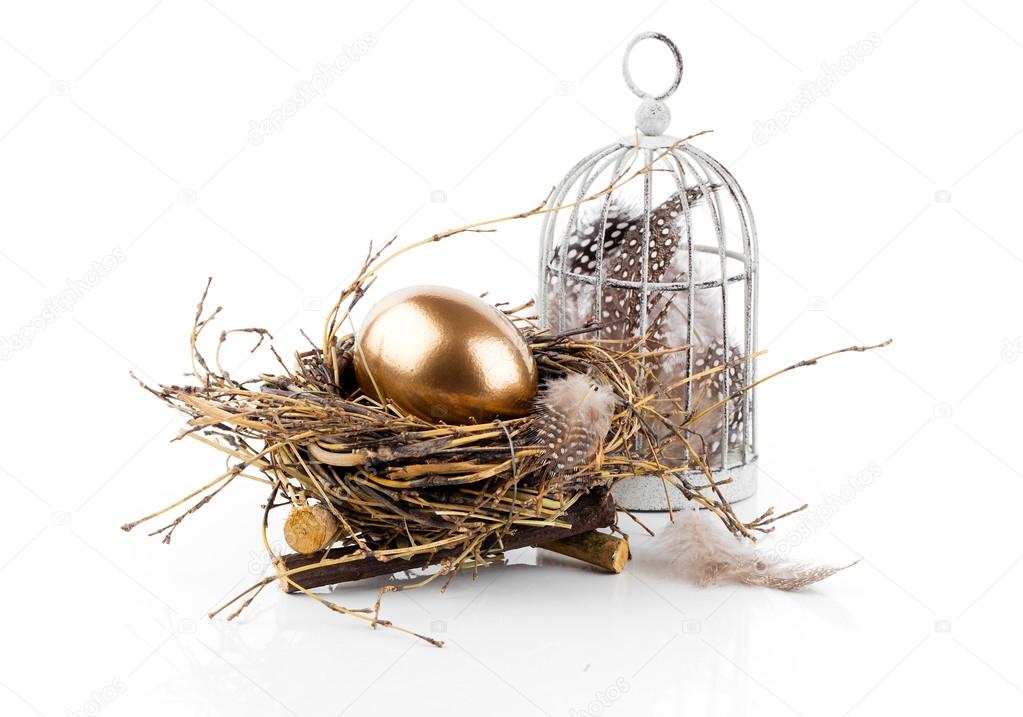 Golden egg in the nest isolated on white background