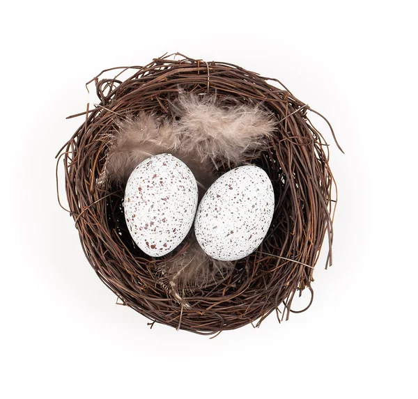 Huevo de Pascua en nido de aves aislado sobre fondo blanco — Foto de Stock