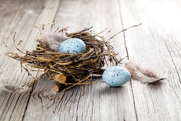 Ägg i boet på trä bakgrund — Stockfoto