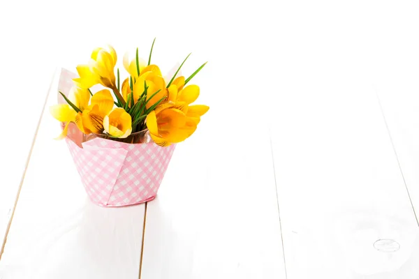 Crocus bloemen op witte houten achtergrond — Stockfoto