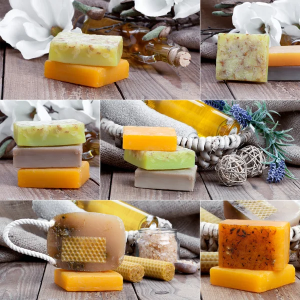 Collage of colorful handmade soap bars, on wooden background — Stock Photo, Image