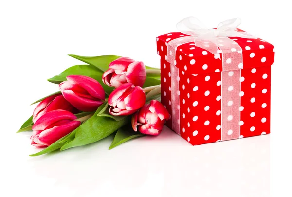 Beautiful tulips with red polka-dot gift box. happy mothers day, — Stock Photo, Image