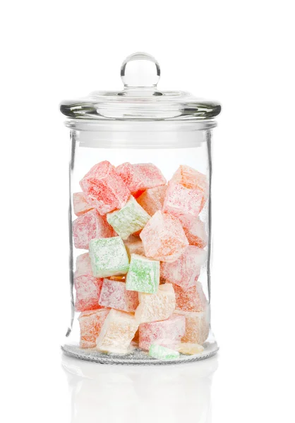 Beautiful jar full of colorful delicious dessert Turkish delight — Stock Photo, Image