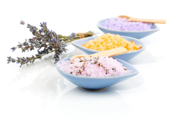 Various types of spa sea salt in bowl,  on a white background — Stok fotoğraf