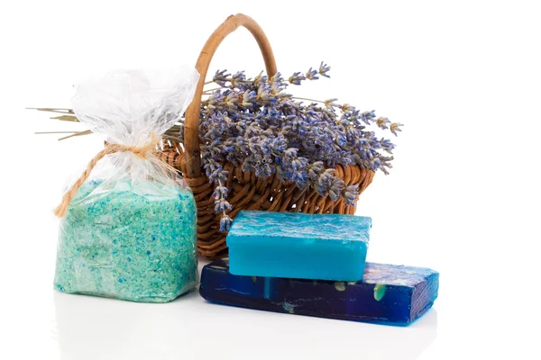 Spa still life with handmade soaps, lavender flowers and bath sa — Stock Photo, Image