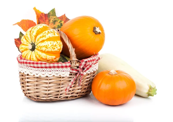 Yellow pumpkins vegetables in basket, isolated on white backgrou — Stock Photo, Image