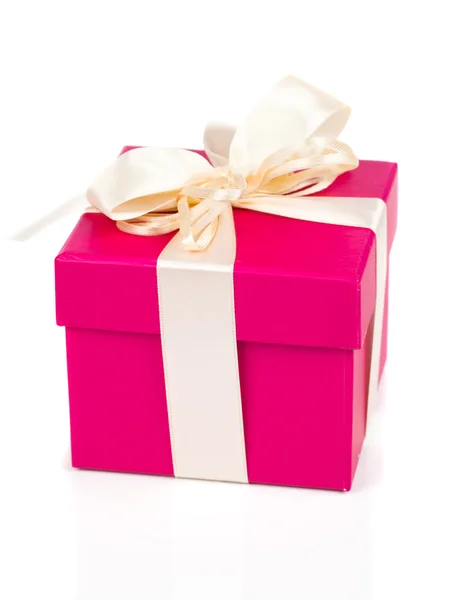 Gift box present with satin bow isolated on white — Stock Photo, Image