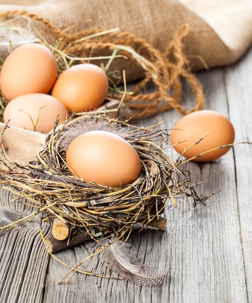 Eier auf Holzgrund — Stockfoto