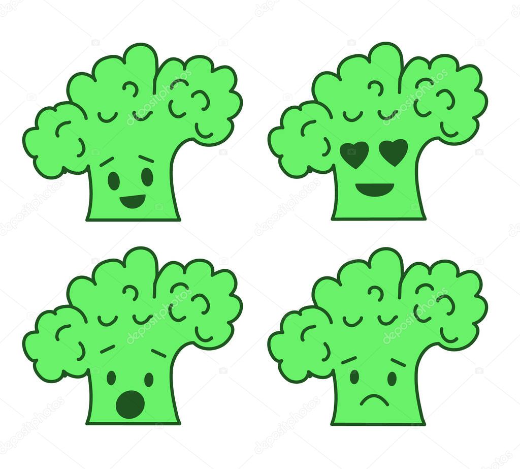 Sel of emoji broccoli stickers isolated on white background