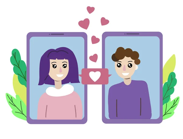 Conceito de amor virtual. Conectados namoro. Distanciamento social —  Vetores de Stock