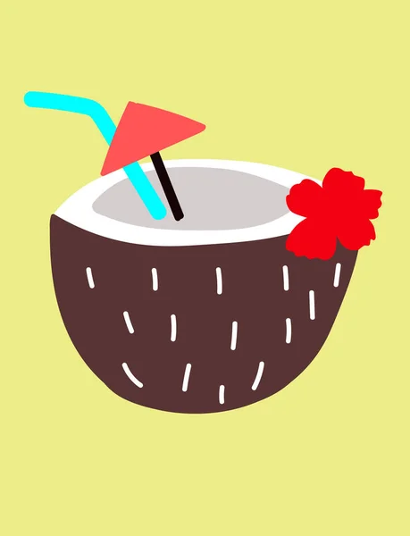 在椰子里喝鸡尾酒 用雨伞装饰 — 图库矢量图片