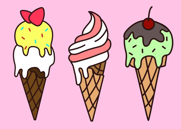 Conjunto de helados vectoriales en cono. Ilustración estilo de dibujos animados — Vector de stock