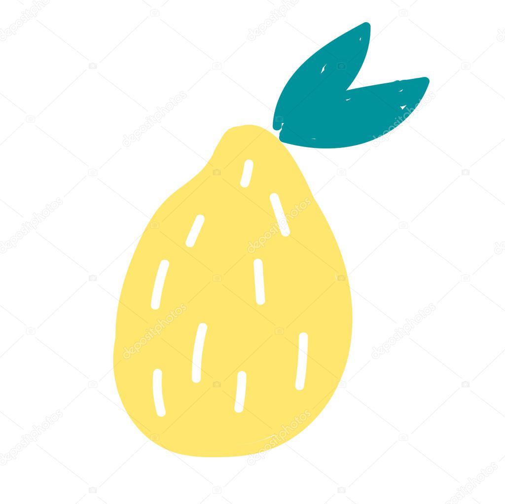 Hand-drawn lemon with leaf isolated on white background