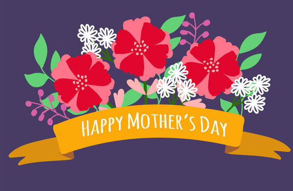 Happy mother's day card. Flowers on purple background. Vector illustration