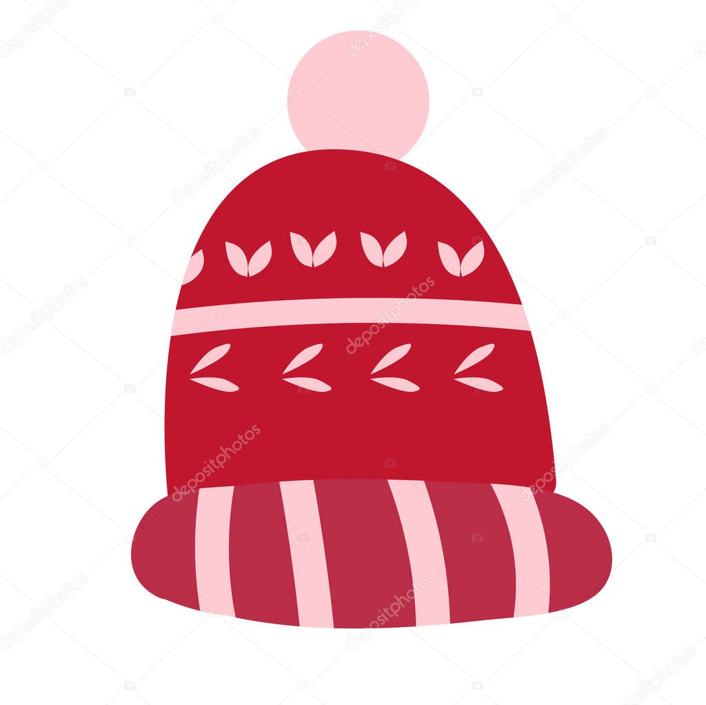 Red knitted winter hat isolated on white
