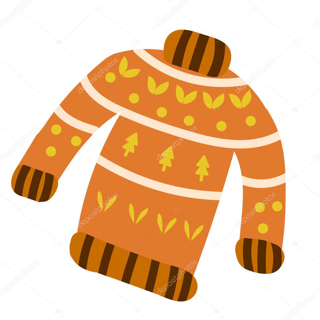 Orange sweater with ornament. Seasonal warm clothes