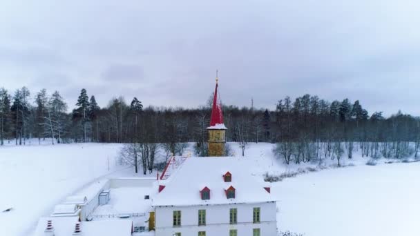 Widok Lotu Ptaka Zimowe Miasto Pokryte Śniegiem Mroźny Dzień — Wideo stockowe