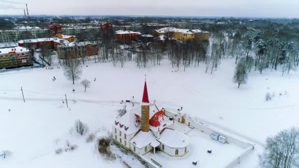 Widok Lotu Ptaka Zimowe Miasto Pokryte Śniegiem Mroźny Dzień — Wideo stockowe