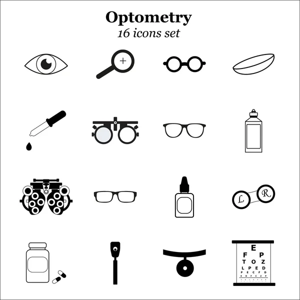 Vector black optometry icon set. Optician, ophtalmology, vision correction, eye test, eye care, eye diagnostic — Stock Vector