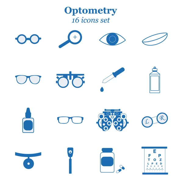 Vector blue optometry icon set. Optician, ophtalmology, vision correction, eye test, eye care, eye diagnostic — Stock Vector