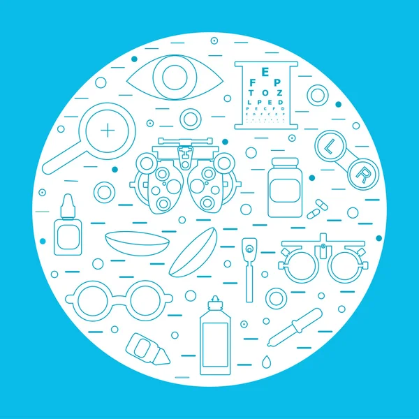 Optometría vectorial concepto redondo. Óptico, oftalmología, corrección de la visión, prueba ocular, cuidado ocular, diagnóstico ocular — Vector de stock