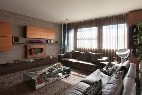 Vardagsrum med läder divaner — Stockfoto